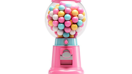 A pink gummy machine surrounded by a variety of colorful gummy balls