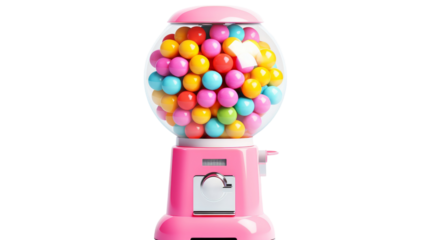 A vibrant pink gummy machine releases an abundance of colorful gummy balls