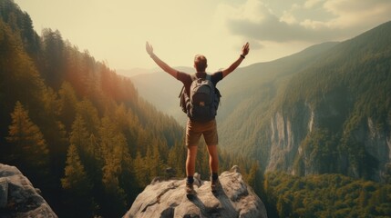 Joyful Man Celebrates Summit Success on Mountain Top. Lifestyle Concept of Adventure and Achievement. Young Male Conquers Forest Pathway, Exudes Joy and Freedom Amidst Nature's Splendor. - obrazy, fototapety, plakaty