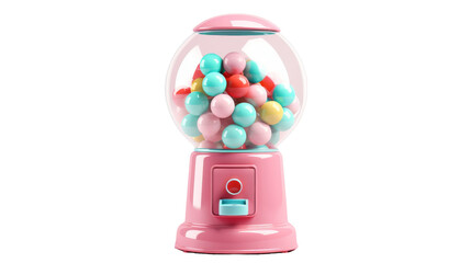 A pink gummy machine overflowing with colorful gummy balls