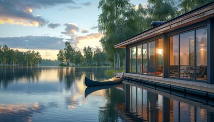 A floating house on a tranquil lake, with large windows and a canoe docked outside. with copy space for text - obrazy, fototapety, plakaty