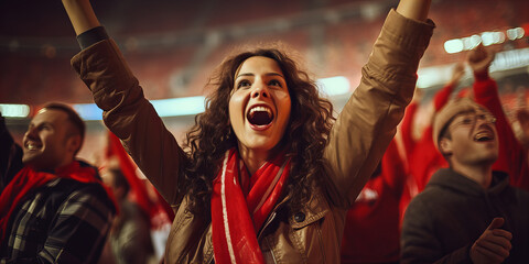 A portrait of the young beautiful woman football fan in the football match in soccer stadium.