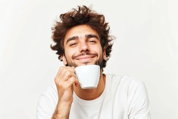 Portrait of a cute man drinking coffee isolated on a white background