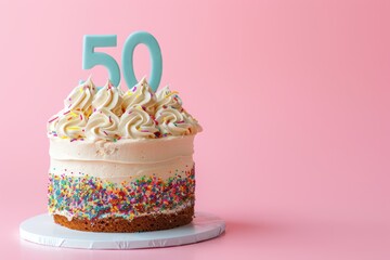 Birthday cake with number 50 on top isolated on solid color background
