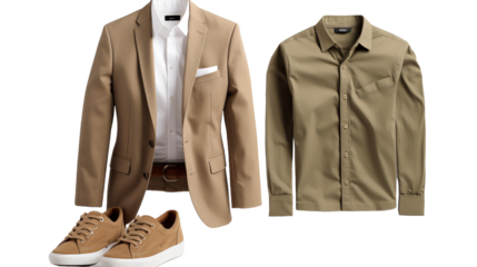A stylish man wearing a tan suit and matching tan shoes