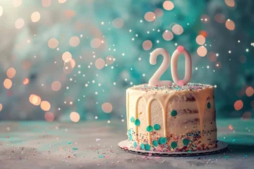 Fotobehang Close up Birthday cake with number 20 on top with faling confetti and sparcles bokeh isolated on solid color background © Igor