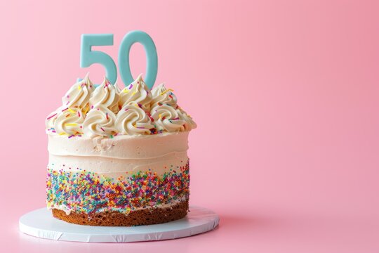 Birthday cake with number 50 on top isolated on solid color background - Powered by Adobe