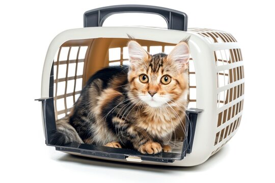 cat in carrier cage isolated on solid white background