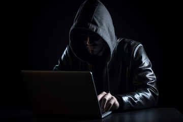 Man on dark background in a hood hiding his face working at a laptop, personal data hacking, hacker