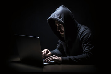 Man on dark background in a hood hiding his face working at a laptop, personal data hacking, hacker - obrazy, fototapety, plakaty