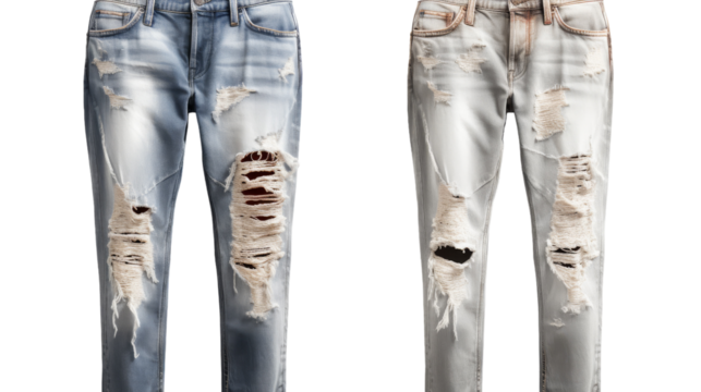 A pair of ripped jeans with stylish holes scattered throughout the fabric