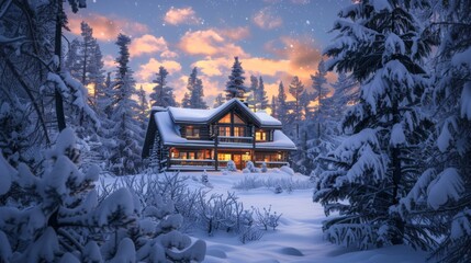 A beautiful image of a cozy cabin surrounded by snow-covered trees during a serene twilight in winter, capturing the essence of warmth and tranquility.