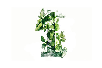 Graphic collage of the number «1» decorated with plants on a white background. Plants art with number one.	
