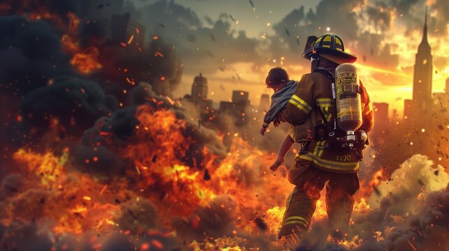 A heroic firefighter saving a child from a blazing inferno, amidst a city skyline. with copy space for text