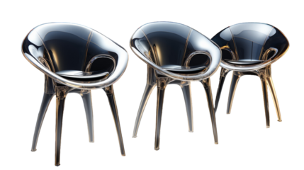 Three sleek black chairs are arranged neatly in a row