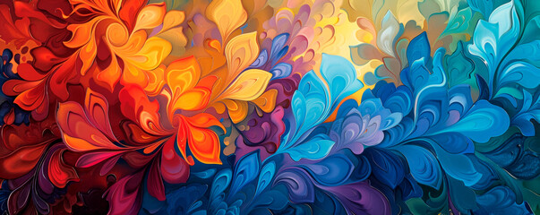 A vibrant painting showcasing a chorus of colors swirling and blending together in perfect harmony, creating a mesmerizing visual symphony of art. Banner. Copy space