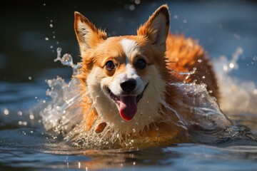 Corgi dog runs through the water and splashes in the waves