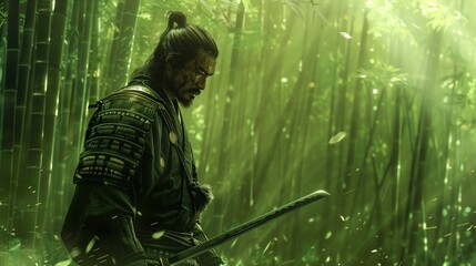 A legendary samurai standing solemnly in a bamboo forest, katana drawn, ready for battle. with copy space for text