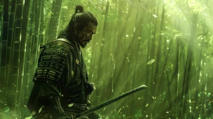  A legendary samurai standing solemnly in a bamboo forest, katana drawn, ready for battle. with copy space for text © SardarMuhammad