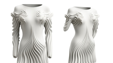 A stunning white sculpture beautifully captures the graceful curves of a womans body and flowing dress