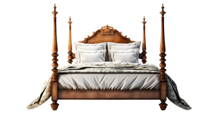 A luxurious bed with four posts and pillows arranged neatly on top, creating a cozy and inviting atmosphere