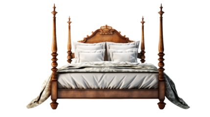 A luxurious bed with four posts and pillows arranged neatly on top, creating a cozy and inviting atmosphere