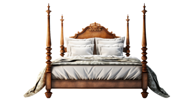 A luxurious bed with four posts and pillows arranged neatly on top, creating a cozy and inviting atmosphere