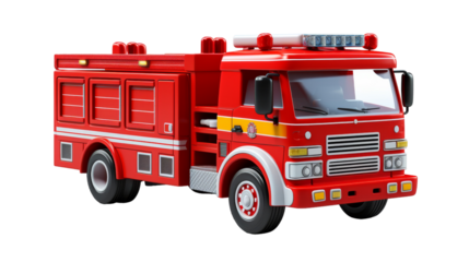 A toy fire truck parked on a white backdrop