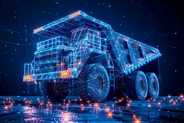 Deurstickers A striking silhouette logo of a dump truck in wireframe style, set against a blue background, perfect for construction and transportation branding © Evhen Pylypchuk