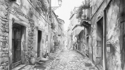 A detailed pencil drawing capturing a charming street in an old town, featuring historical buildings, cobblestone roads, quaint shops, and vintage lanterns. Banner. Copy space