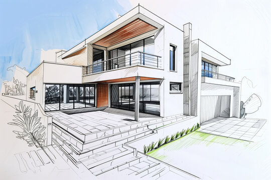 Sketch drawing, sketch of a modern house with swimming pool on white paper, design engineering solution for building a house