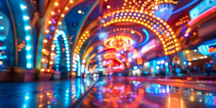Bright lights and bustling energy fill the lavish casino interior scene . Concept Casino Interior, Bright Lights, Bustling Energy, Lavish Decor, Entertainment Scene