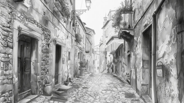 A detailed pencil drawing capturing a charming street in an old town, featuring historical buildings, cobblestone roads, quaint shops, and vintage lanterns. Banner. Copy space