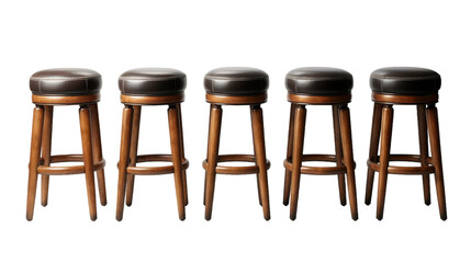 Four wooden stools with black leather seats lined up neatly in a row
