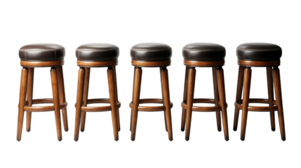 Four wooden stools with black leather seats lined up neatly in a row