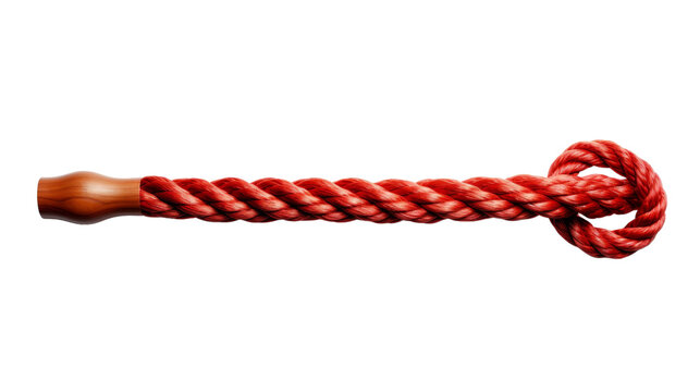 A red rope with a wooden handle on a pristine white background