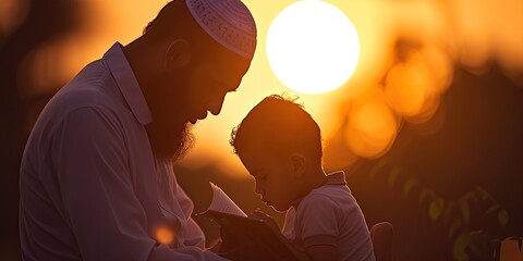 A tender moment of a bearded father and child reading during Ramadan, silhouetted against glowing moonlight 🌙✨ #FamilyBonds