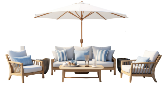 A stylish set of patio furniture with a colorful umbrella creating a cozy outdoor retreat