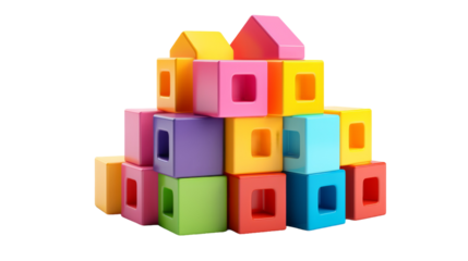 A stack of colorful blocks balancing precariously on top of each other