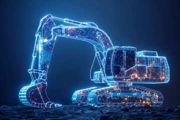 A bold silhouette logo of an excavator truck in wireframe style, set against a blue background, perfect for construction and heavy machinery branding - obrazy, fototapety, plakaty