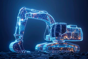 Fotobehang A bold silhouette logo of an excavator truck in wireframe style, set against a blue background, perfect for construction and heavy machinery branding © Evhen Pylypchuk