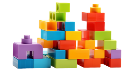 A stack of vibrant blocks in various colors creates a whimsical tower of shapes