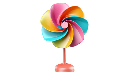 A vibrant, multicolored pinwheel spins on a stand against a clean white backdrop
