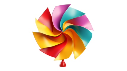 Close-up of a vibrant pinwheel spinning on a clean white background