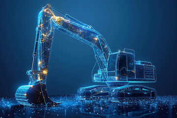 A bold silhouette logo of an excavator truck in wireframe style, set against a blue background, perfect for construction and heavy machinery branding