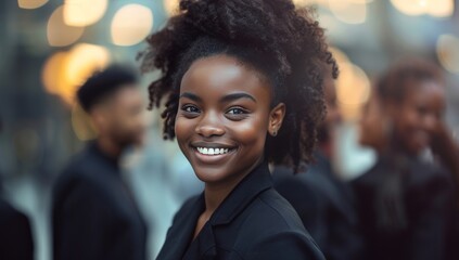 Portrait of beautiful black businesswoman wearing suit and tie smiling in urban background. Woman with afro hairstyle.