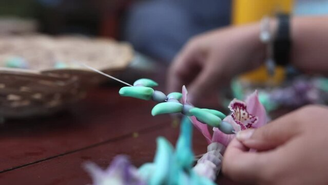 Close-up of a woman making lei in Hawaii, plumeria flowers garland crown handmade.