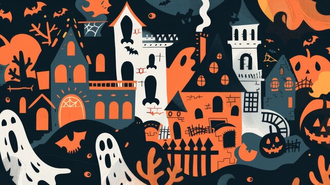 An illustrated Halloween-themed image showcasing a lively town scene with ghosts, bats, jack-o'-lanterns, and a haunted house.
