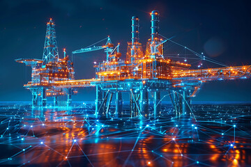 A striking silhouette logo of an oil platform in wireframe style, set against a blue background. Ideal for energy industry branding