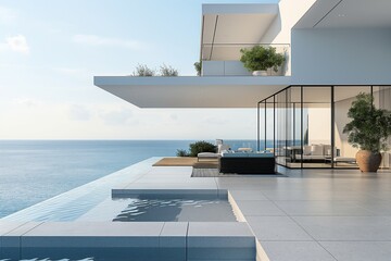 Fototapeta premium Minimalist luxury villa balcony overlooking the ocean for a tranquil retreat